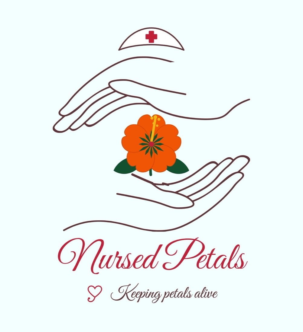 Nursed Petals logo: two caring hands cradling an orange hibiscus beneath a nurse's cap
